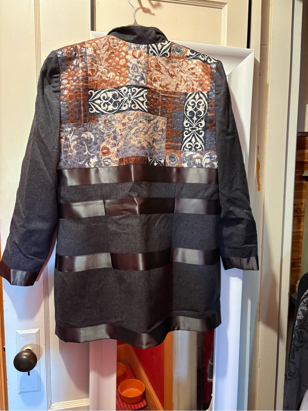 Vintage Claude Patrick Paris gray oversize patchwork tapestry long jacket art - Picture 6 of 8